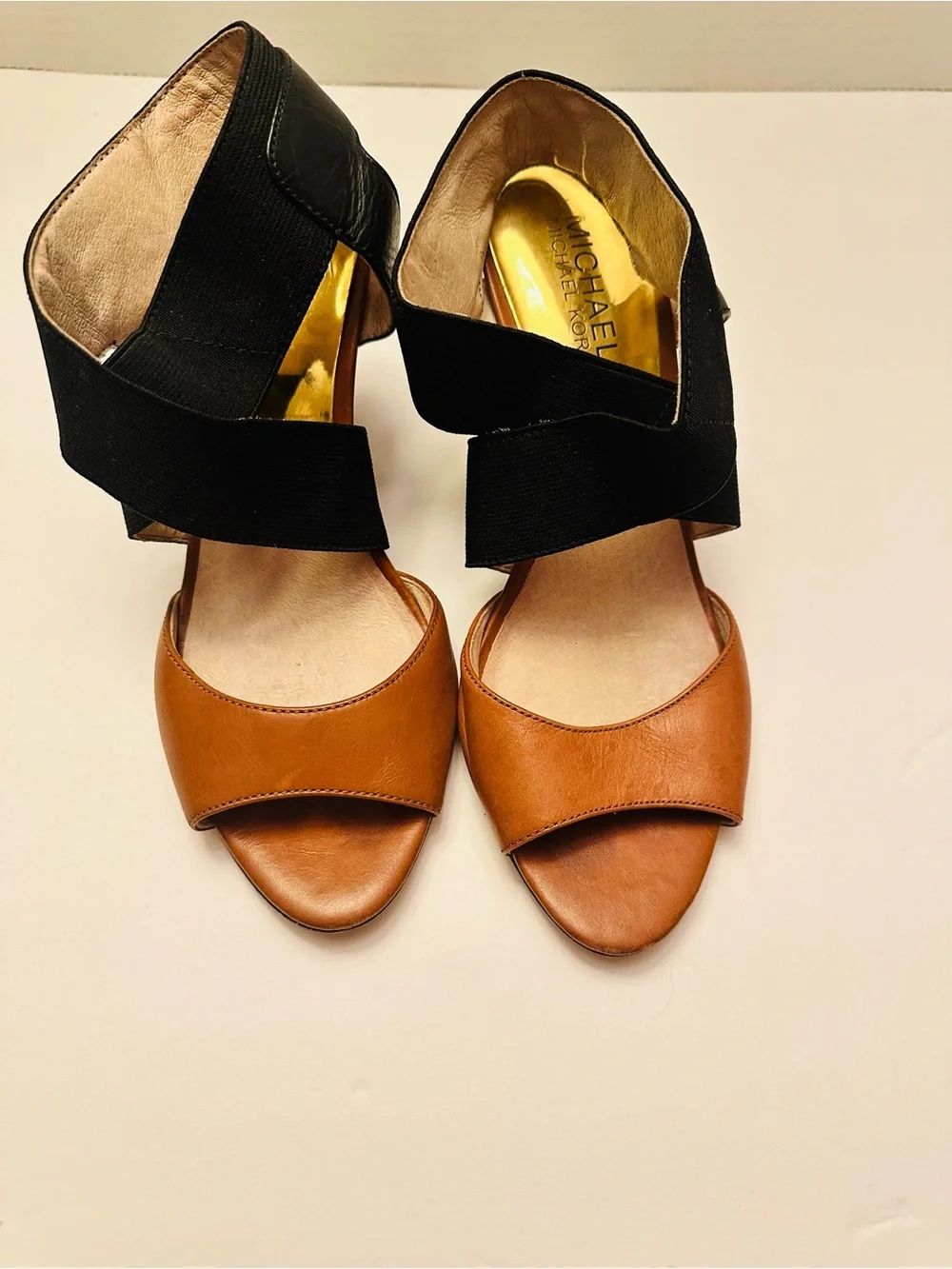 Michael Kors Tan Leather & Black Elastic Wedge Sandals